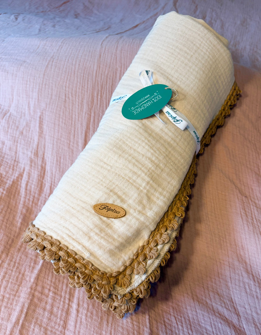 Sommerdecke aus Musselin hellbeige mit Schlaufen Mocca